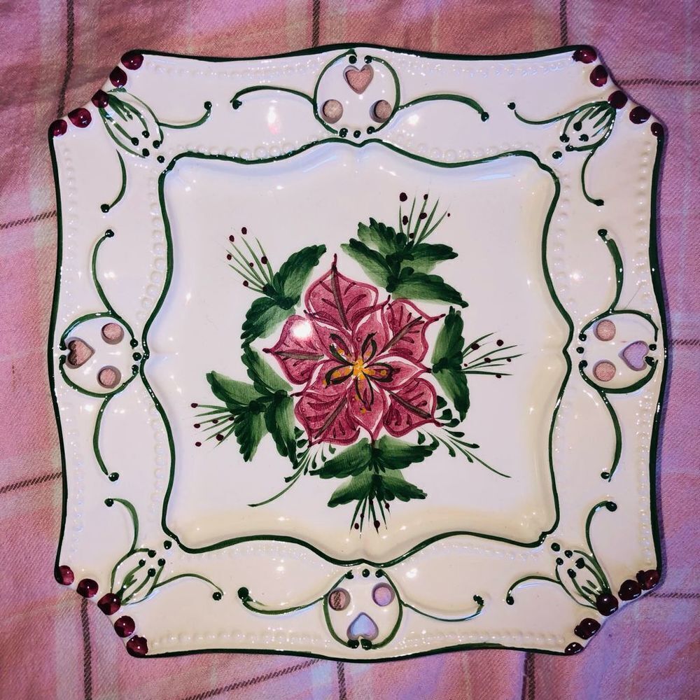 Vintage RCCL Hand Painted Floral Reticulated Square Plate W/Metal Wall Hanger